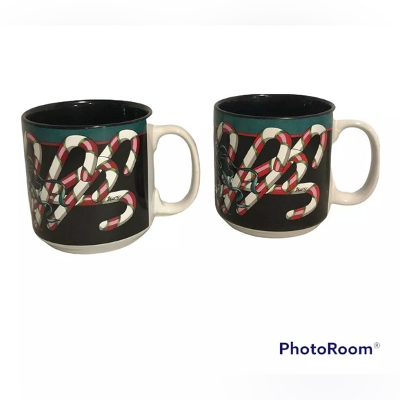 Candy Cane Coffee Mug 1998 Jeanne Beury Potpourri Christmas Bells 12 oz Set Of 2 - Picture 2 of 7